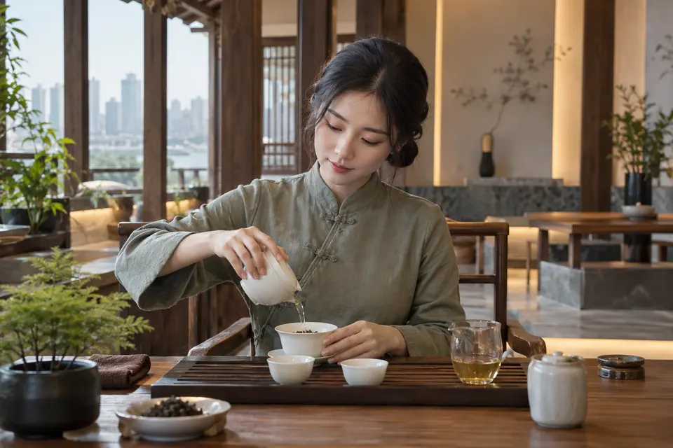 新中式茶席上用盖碗冲泡的画面