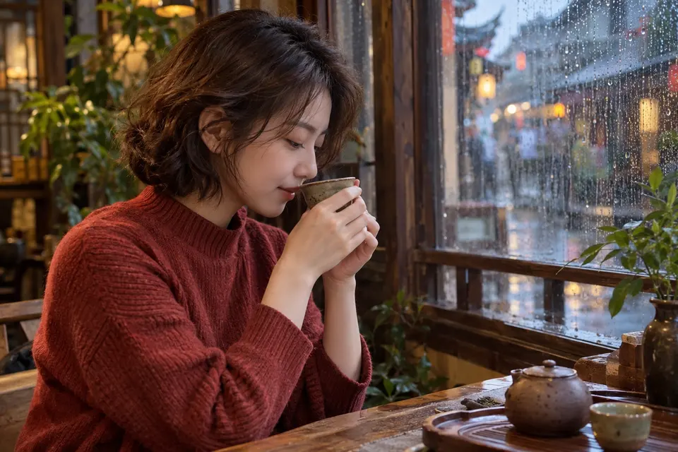 雨天窗边用陶杯闻香的茶饮场景