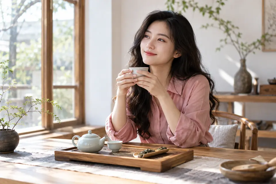 明亮茶室中双手捧杯品饮的画面